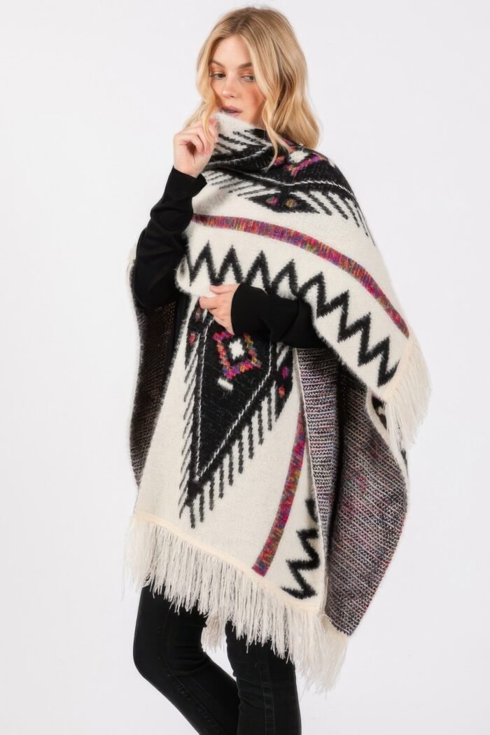 Fuzzy aztec pattern tassel knit ruana