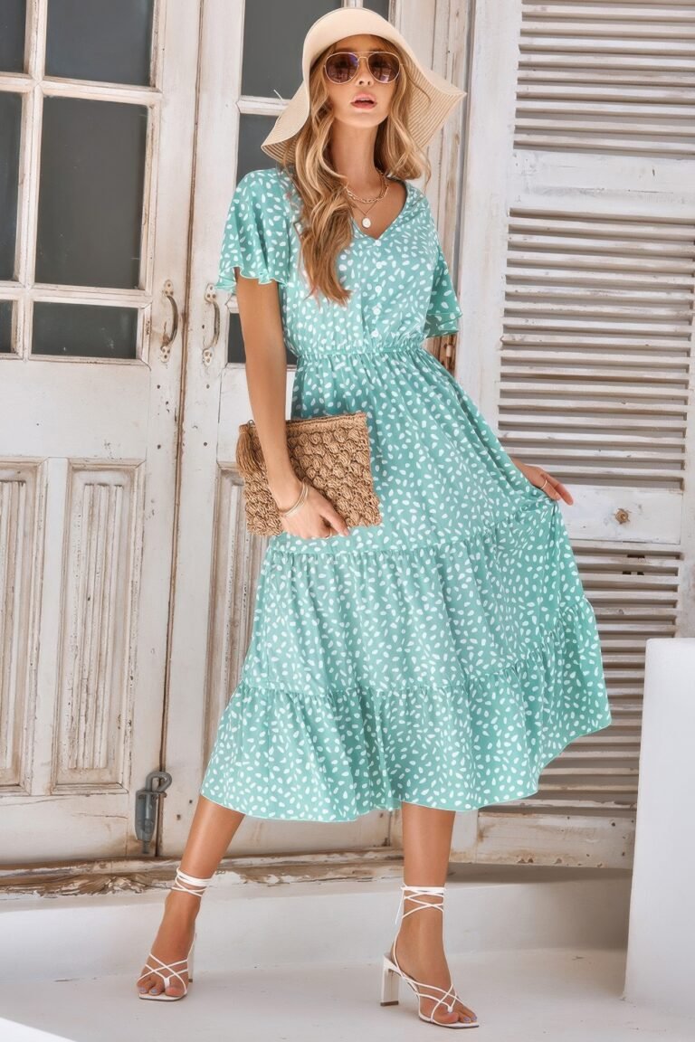 V neck ruffles tiered sleeve smocked midi dress
