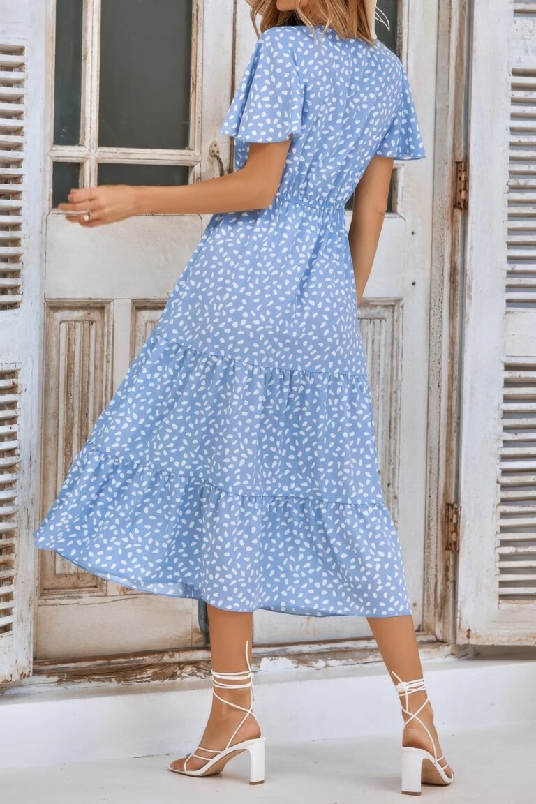 V neck ruffles tiered sleeve smocked midi dress