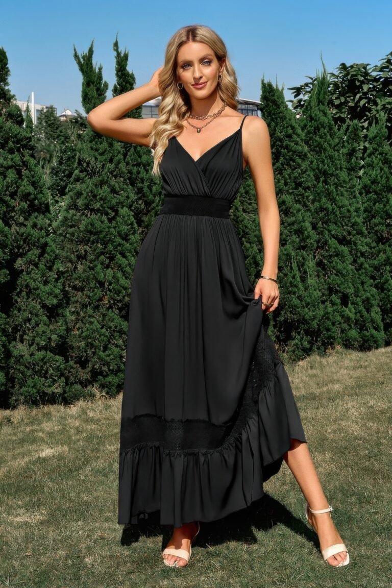 Solid v neck sleeveless spaghetti strap dress