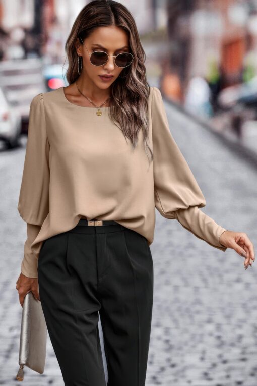 Crew Neck Solid Leg Of Mutton Sleeve Shirt - Image 2