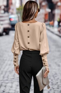 Crew Neck Solid Leg Of Mutton Sleeve Shirt