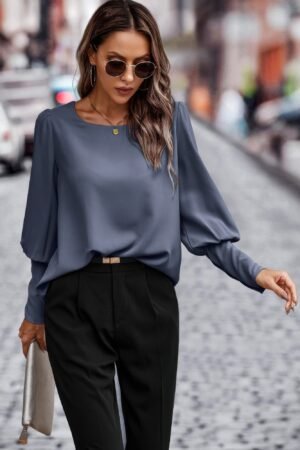 Crew Neck Solid Leg Of Mutton Sleeve Shirt Crew Neck Solid Leg Of Mutton Sleeve Shirt