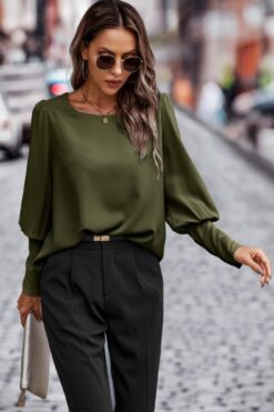 Crew Neck Solid Leg Of Mutton Sleeve Shirt