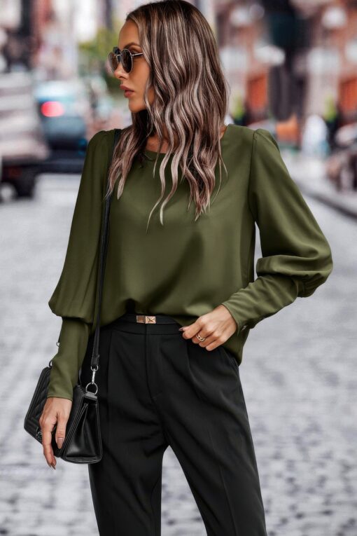 Crew Neck Solid Leg Of Mutton Sleeve Shirt - Image 9