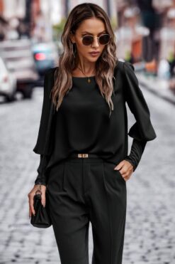 Crew Neck Solid Leg Of Mutton Sleeve Shirt