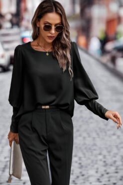 Crew Neck Solid Leg Of Mutton Sleeve Shirt