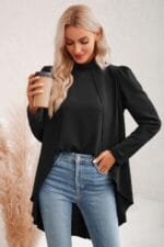 Solid High Low Long Sleeve Blouse
