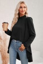 Solid High Low Long Sleeve Blouse