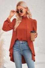 Solid High Low Long Sleeve Blouse