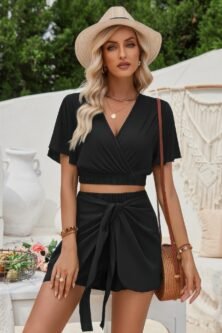 Two Pieces V Neck Ruffle Crop Shirt And Wrap Sets