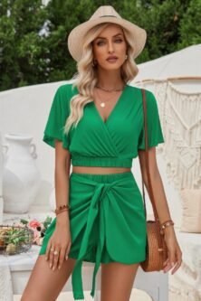 Two Pieces V Neck Ruffle Crop Shirt And Wrap Sets