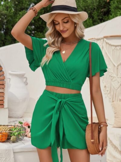 Two Pieces V Neck Ruffle Crop Shirt And Wrap Sets Two Pieces V Neck Ruffle Crop Shirt And Wrap Sets