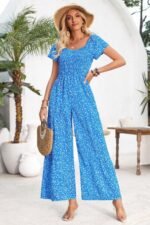 Square Neck Ruched Dot Print Wide Leg Jumpsuit - Image 2