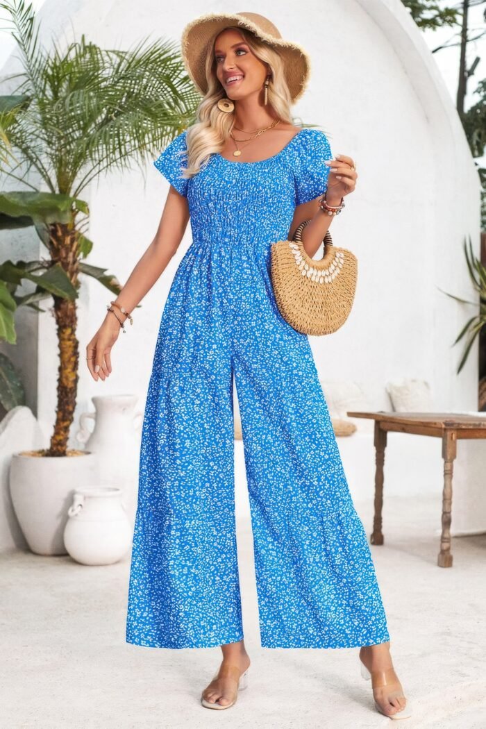 Square neck ruched dot print wide leg jumpsuit - image 3