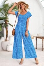 Square Neck Ruched Dot Print Wide Leg Jumpsuit - Image 4