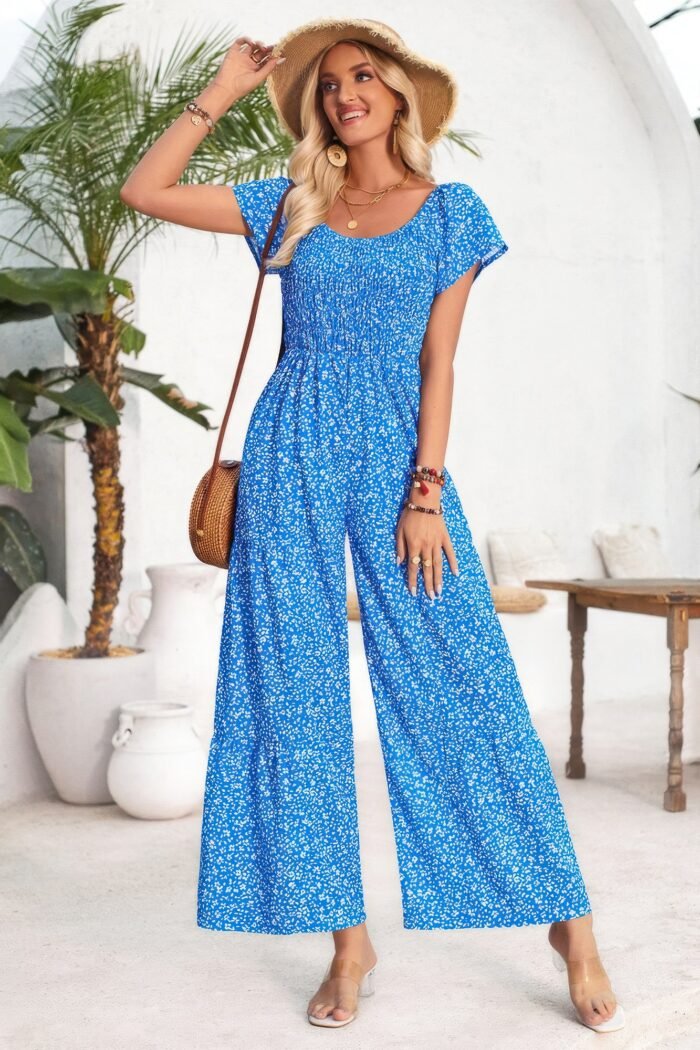 Square neck ruched dot print wide leg jumpsuit - image 4