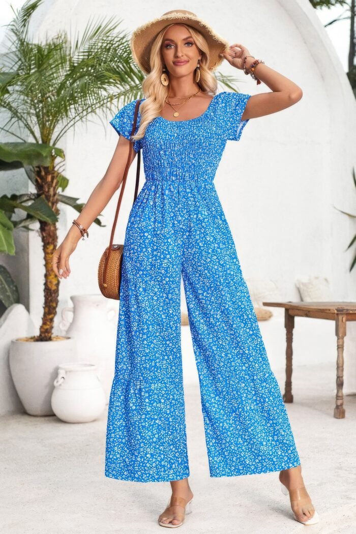 Square neck ruched dot print wide leg jumpsuit - image 5