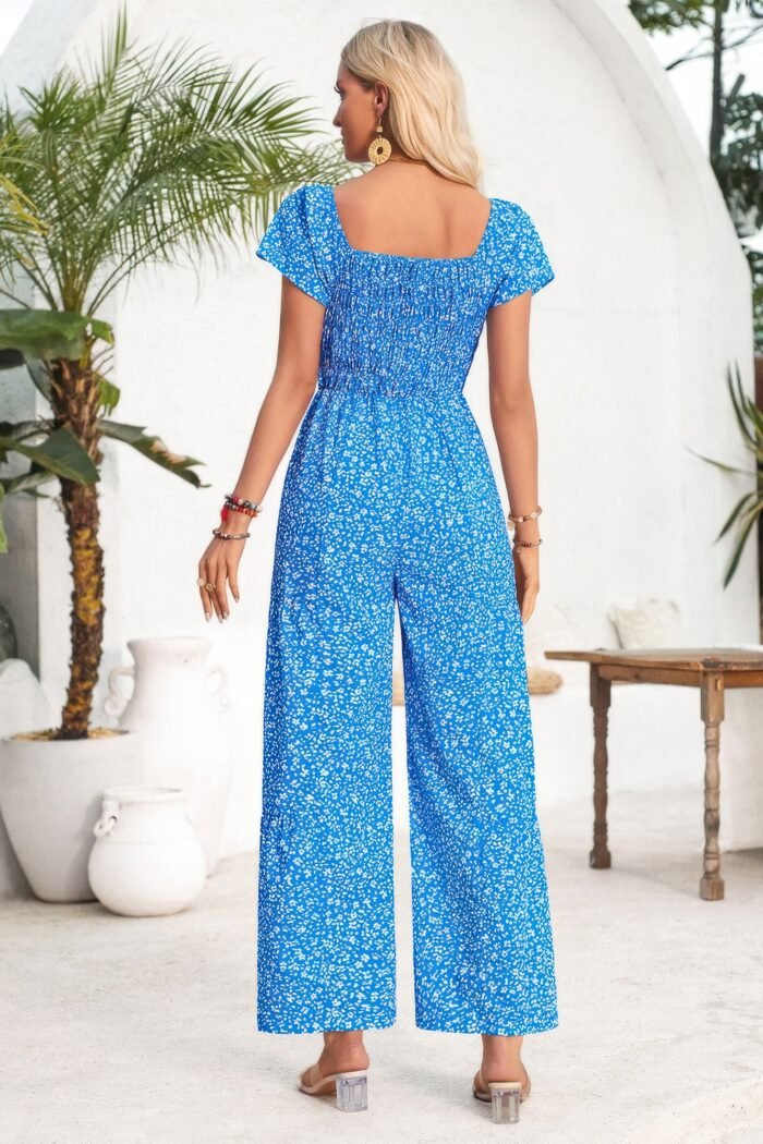 Square neck ruched dot print wide leg jumpsuit - image 6