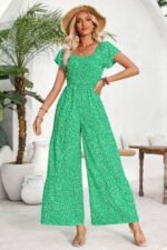 Square Neck Ruched Dot Print Wide Leg Jumpsuit - Image 9