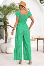 Square Neck Ruched Dot Print Wide Leg Jumpsuit - Image 12