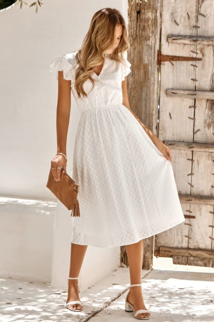 V Neck Short Sleeve Solid Ruffle A Line Midi Dress - Image 5