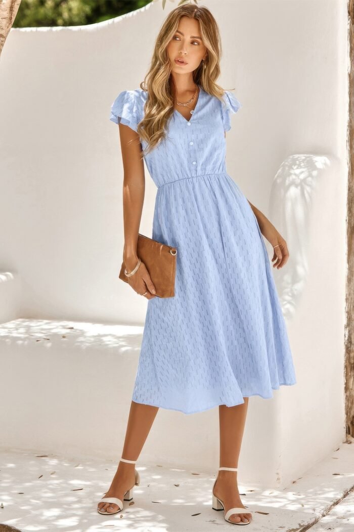 V Neck Short Sleeve Solid Ruffle A Line Midi Dress - Image 7
