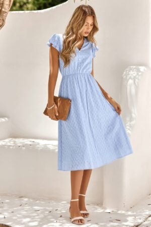 V Neck Short Sleeve Solid Ruffle A Line Midi Dress V Neck Short Sleeve Solid Ruffle A Line Midi Dress