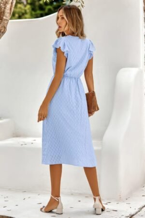 V Neck Short Sleeve Solid Ruffle A Line Midi Dress V Neck Short Sleeve Solid Ruffle A Line Midi Dress