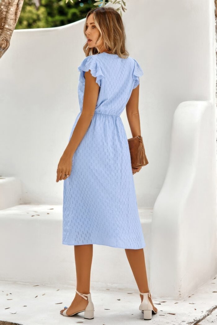 V Neck Short Sleeve Solid Ruffle A Line Midi Dress - Image 11