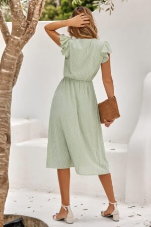 V Neck Short Sleeve Solid Ruffle A Line Midi Dress V Neck Short Sleeve Solid Ruffle A Line Midi Dress