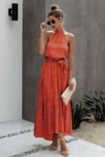 Tie Back Polka Dot Ruffle Hem Halter Dress