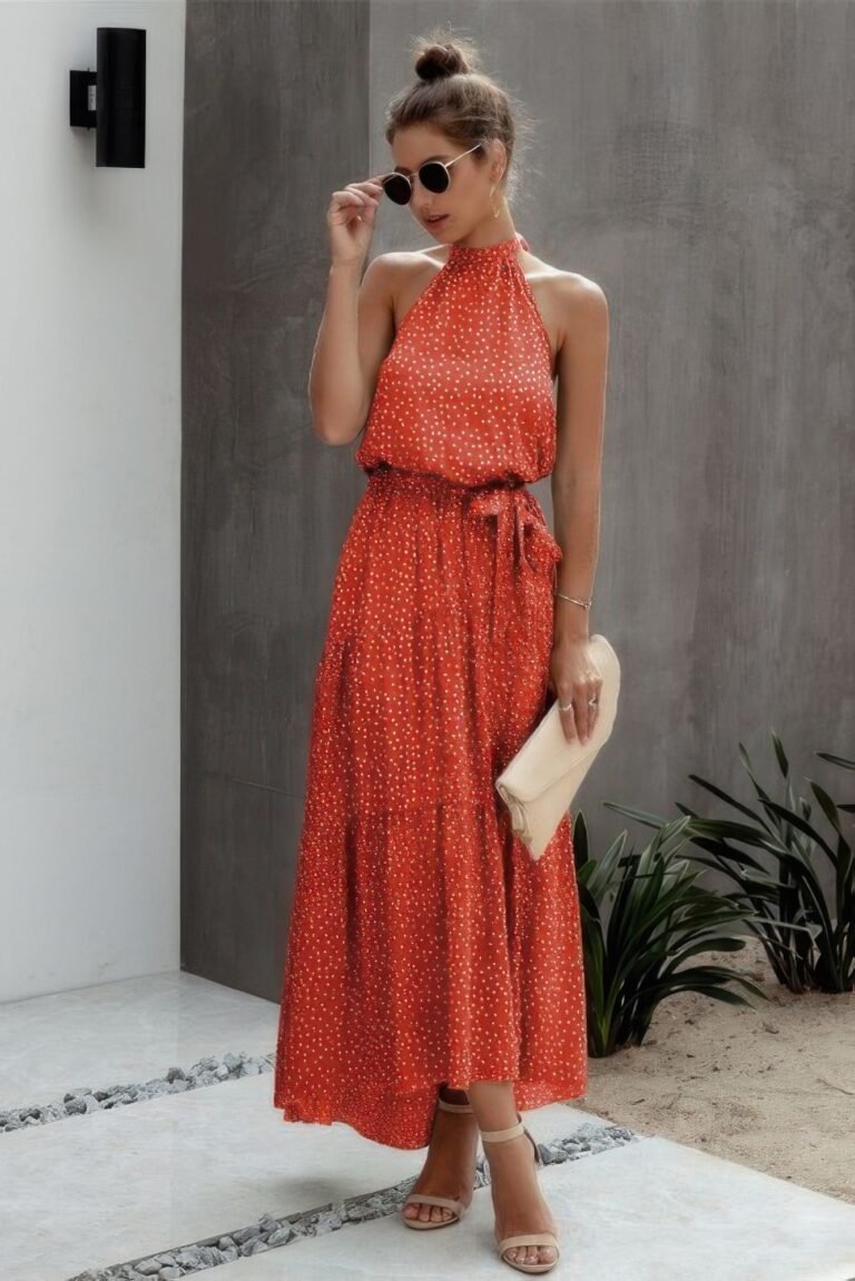 Tie back polka dot ruffle hem halter dress
