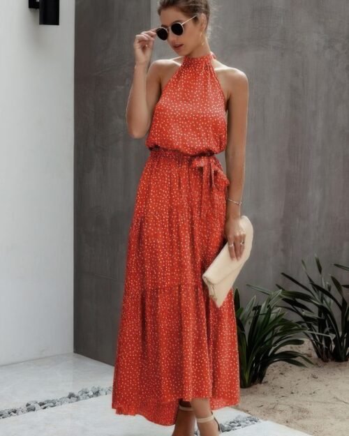 tie back polka dot ruffle hem halter dress