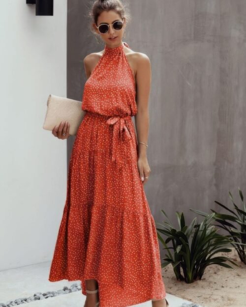 tie back polka dot ruffle hem halter dress