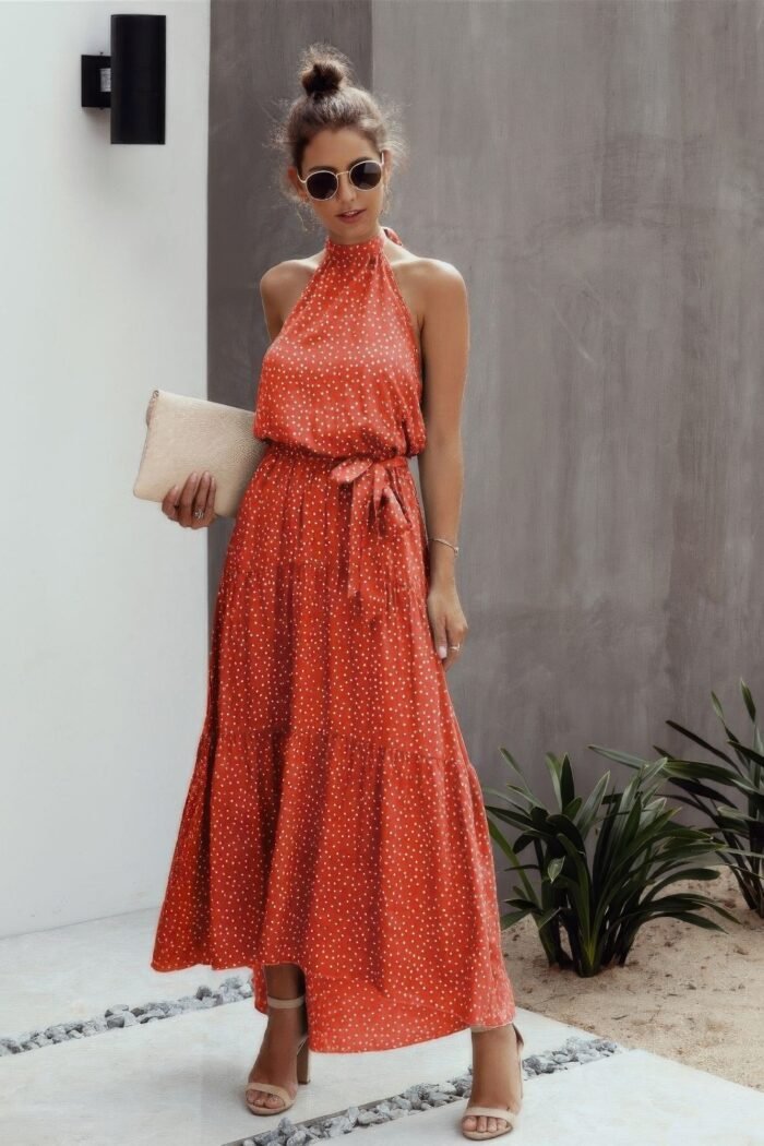 Tie Back Polka Dot Ruffle Hem Halter Dress - Image 3