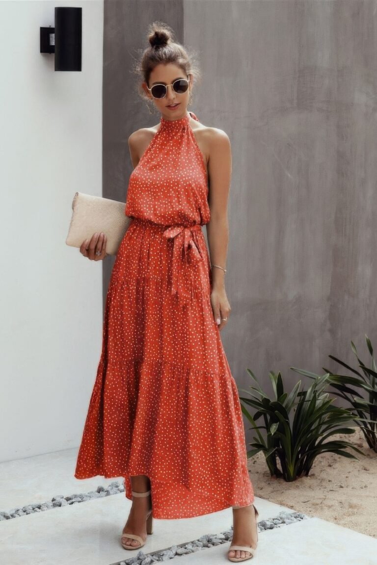 Tie back polka dot ruffle hem halter dress