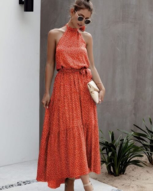 tie back polka dot ruffle hem halter dress