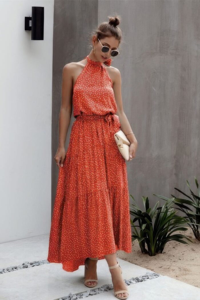Tie Back Polka Dot Ruffle Hem Halter Dress - Image 4