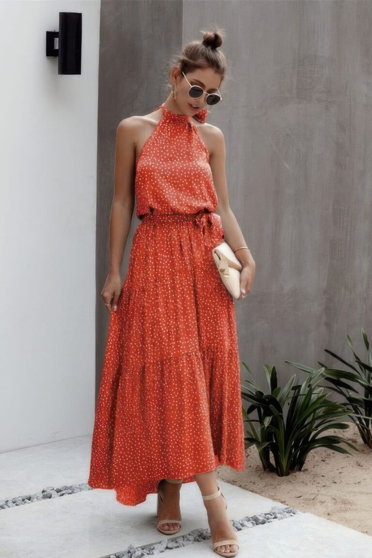 Tie back polka dot ruffle hem halter dress