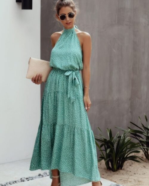 tie back polka dot ruffle hem halter dress