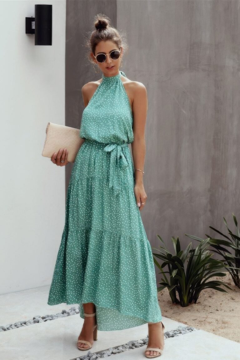 Tie back polka dot ruffle hem halter dress