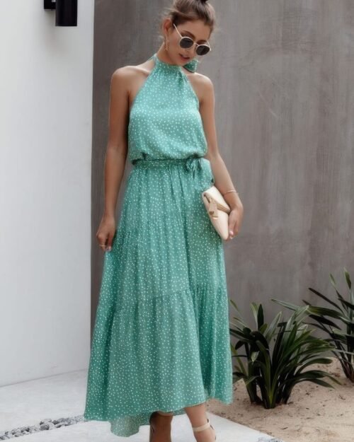 tie back polka dot ruffle hem halter dress