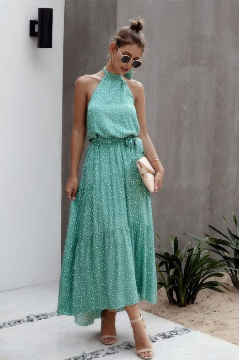 Tie back polka dot ruffle hem halter dress