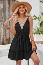 V Neck Sleeveless Belted A-line Tiered Dress