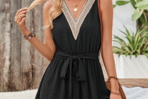 V Neck Sleeveless Belted A-line Tiered Dress