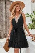 V Neck Sleeveless Belted A-line Tiered Dress - Image 2