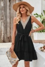 V Neck Sleeveless Belted A-line Tiered Dress - Image 3