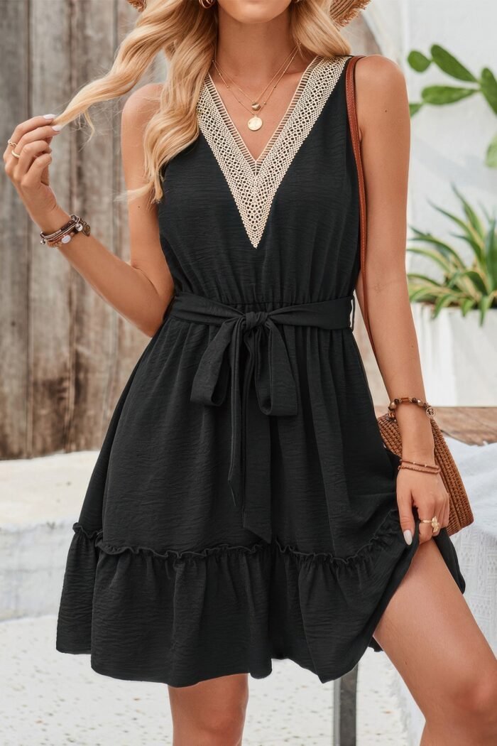 V Neck Sleeveless Belted A-line Tiered Dress - Image 6
