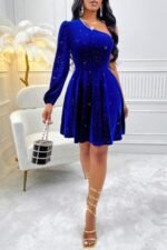 One Shoulder Velvet Lantern Sleeve Cinched Dress - Image 2